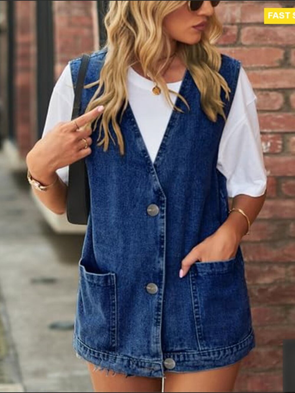 Oversized Denim Vest Sleeveless Button Down Casual Retro Y2K Waistcoat - Picture 3 of 6
